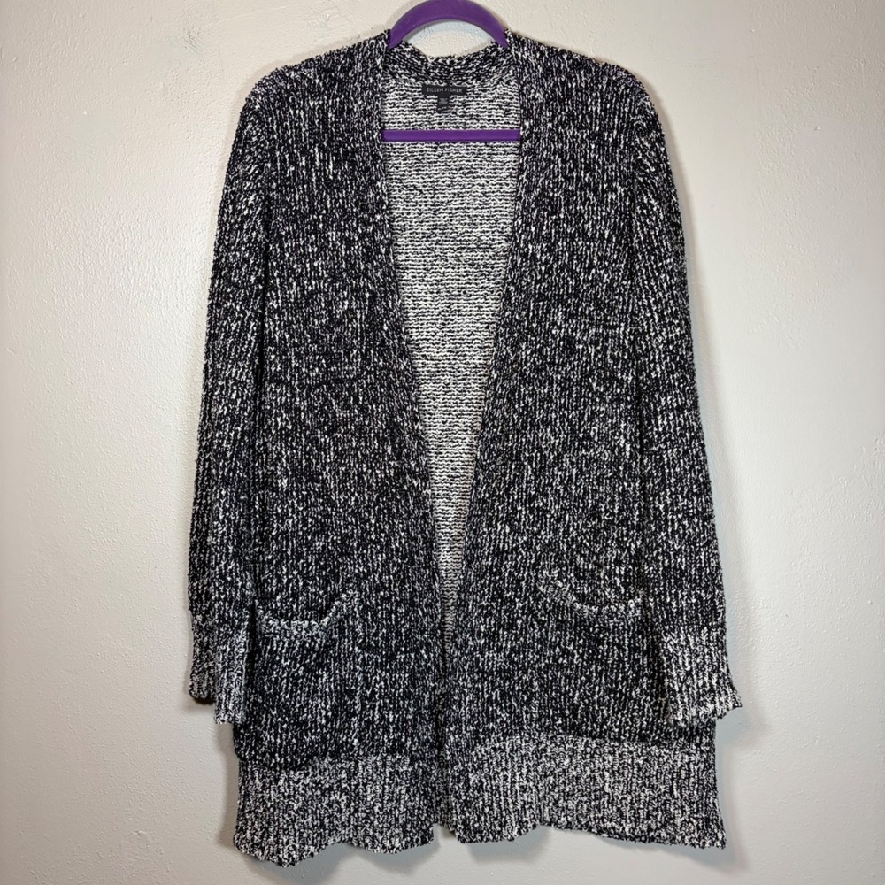 Eileen Fisher Organic Cotton Marled Knit Open‎ Front Cardigan Black White XL